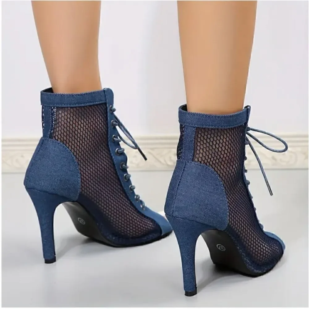 Denim Mesh Stiletto Sandals Peep Toe Lace Up High Heels Hollow Out Boho - Picture 3 of 3
